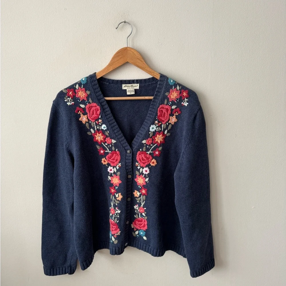 SOLD—Vintage Eddie Bauer Navy Floral Cardigan - Picture 5 of 8